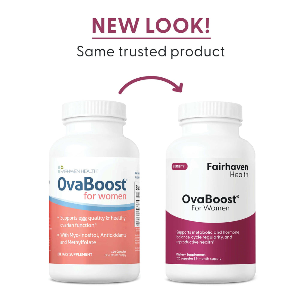 Fairhaven Health Ovaboost brand story card visible on packaging.
