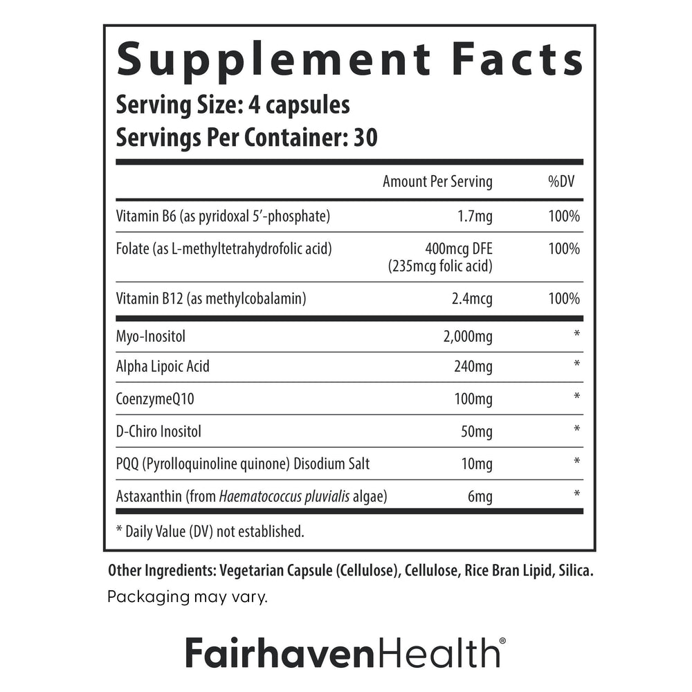 Fairhaven Health PQQ Plus Myo-Inositol label showing ingredients and dosage