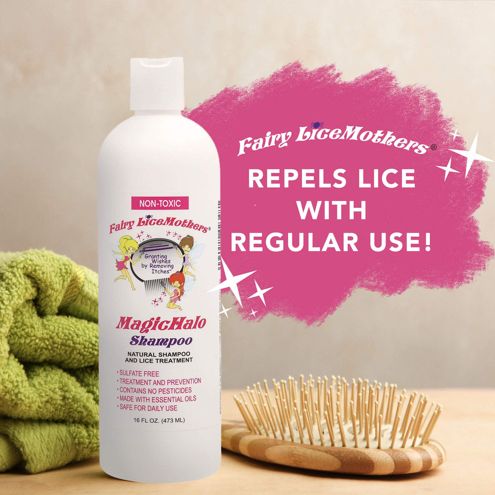 Kids-friendly Fairy LiceMothers MagicHalo Shampoo packaging emphasizes gentle care.