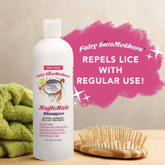 Kids-friendly Fairy LiceMothers MagicHalo Shampoo packaging emphasizes gentle care.