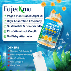 Fajeckma Omega-3 Gummies jar with scoop illustrating daily intake convenience.