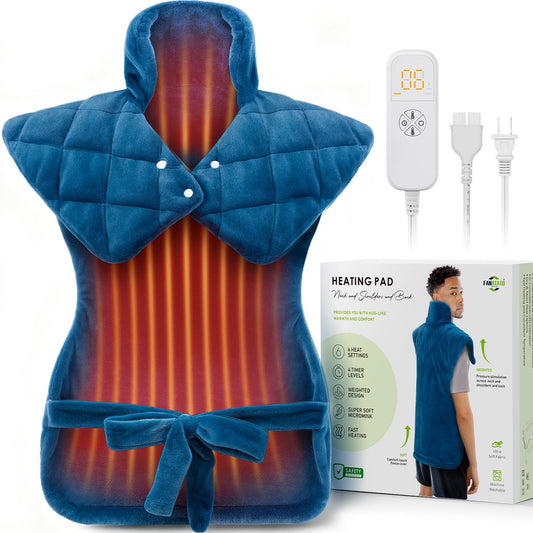 Fanatato weighted heating pad on neck and shoulders delivering soothing heat coverage.