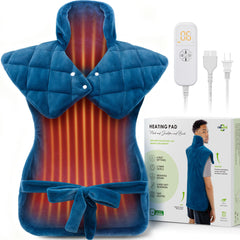 Fanatato weighted heating pad on neck and shoulders delivering soothing heat coverage.