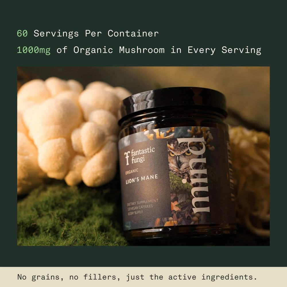 Fantastic Fungi Lions Mane organic certification badge on bottle