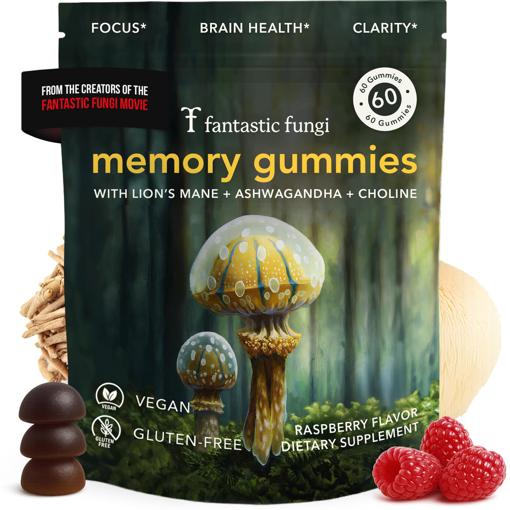 Fantastic Fungi Memory Gummies jar front shows raspberry flavor for focus support.