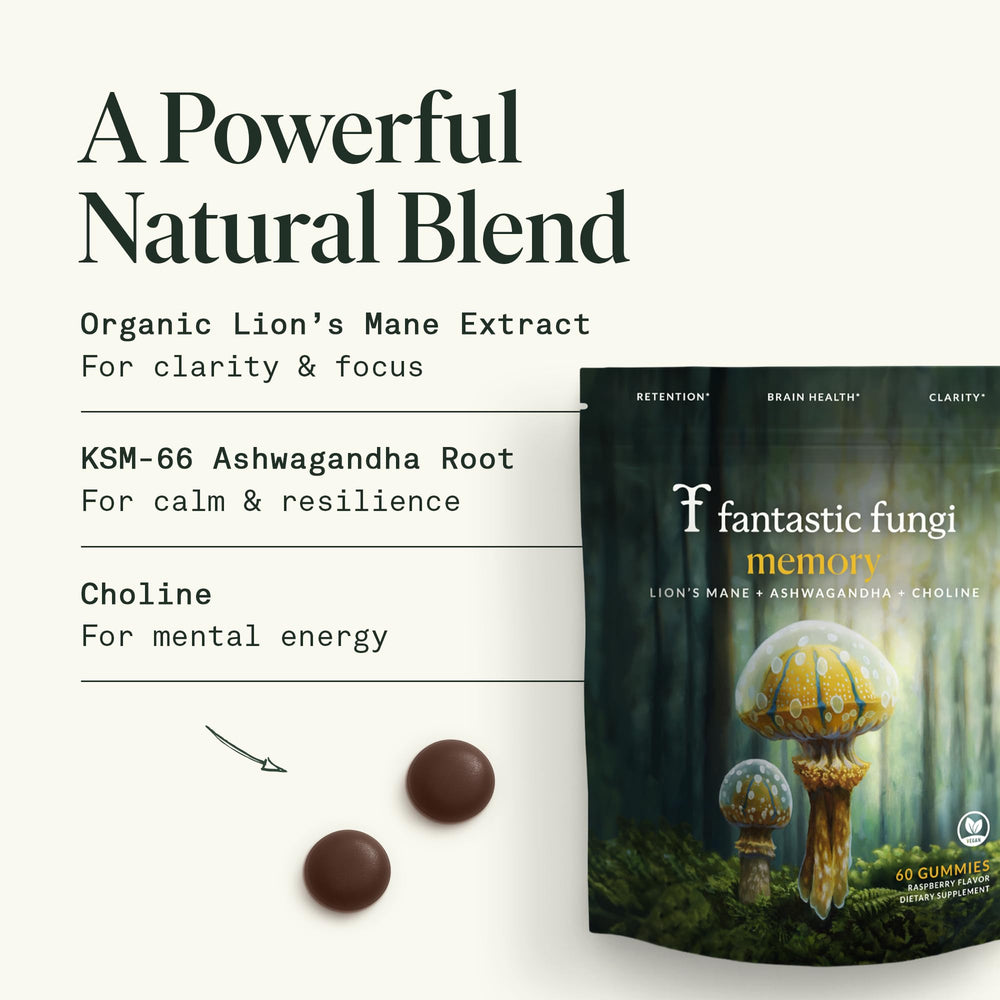 Fantastic Fungi Memory Gummies raspberry flavor close-up with clean aftertaste.