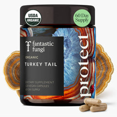 Fantastic Fungi Turkey Tail capsules bottle for daily use supporting gut balance.