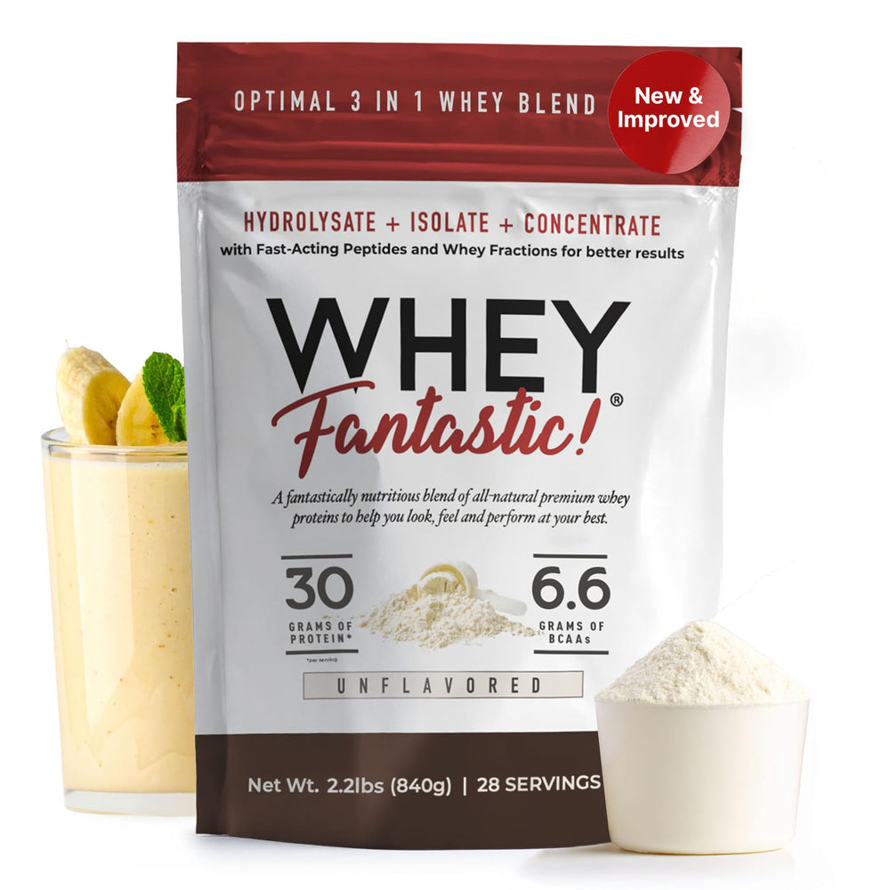 Fantastic Nutrition 3-in-1 whey bottle showing clean label and grass-fed protein benefits