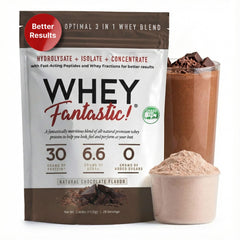Fantastic Nutrition Chocolate whey bottle pour for an easy post-workout protein boost