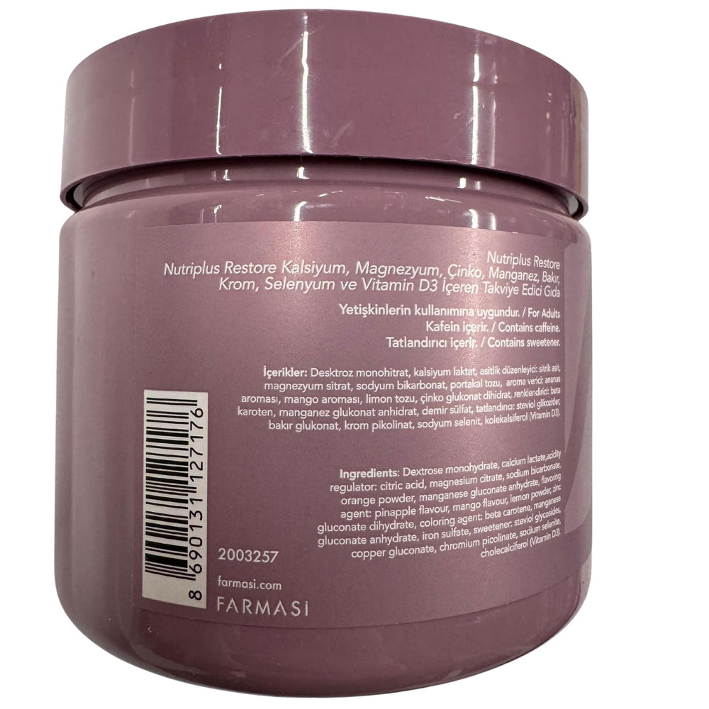 Farmasi Nutriplus Restore sealed bottle conveys purity and reliability.