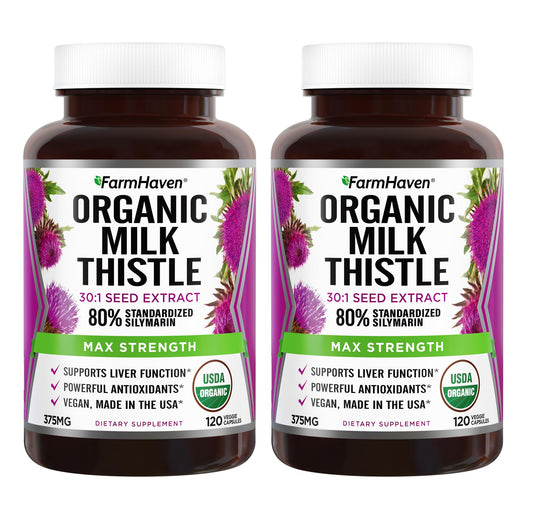FarmHaven Milk Thistle bottle front shows organic silymarin content for daily use