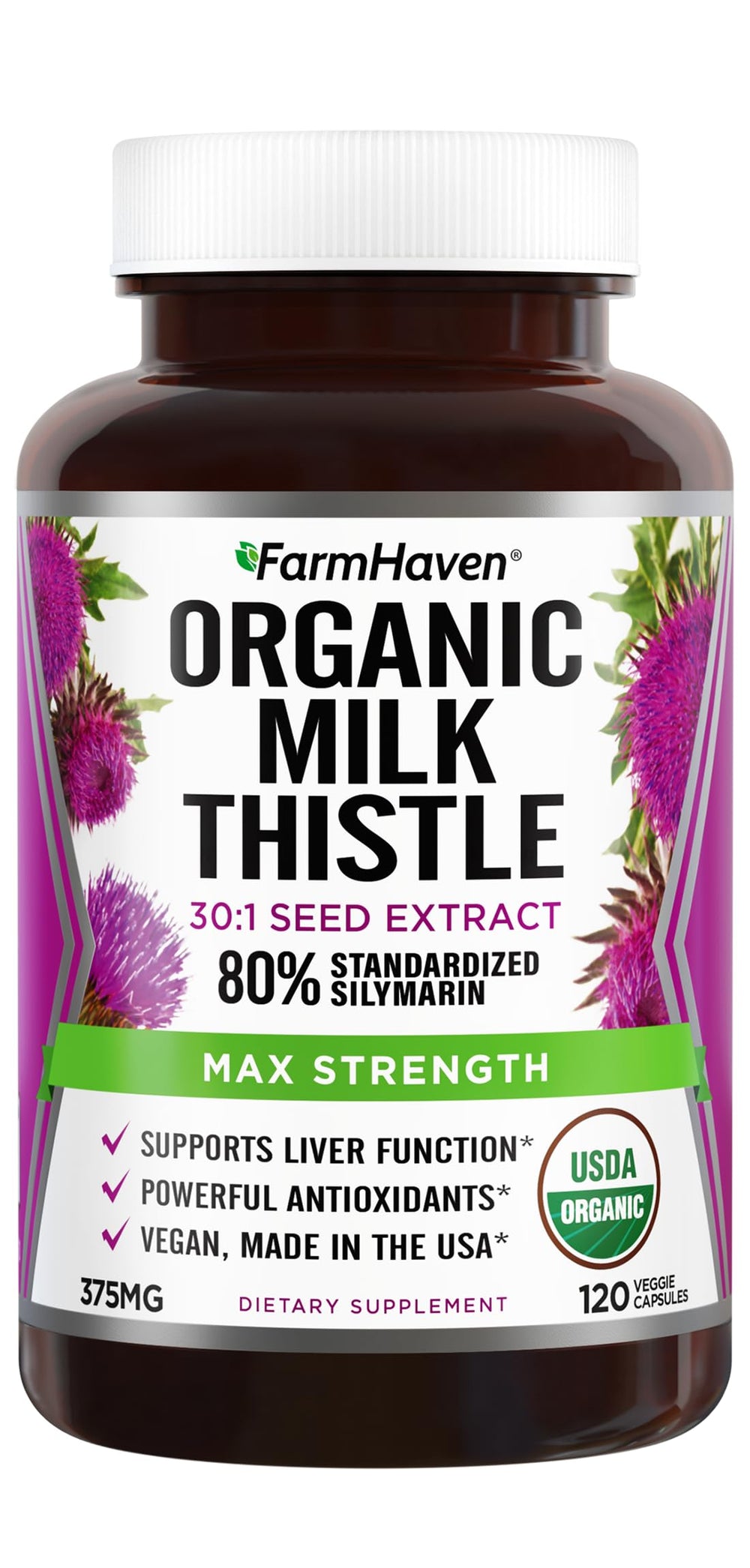 FarmHaven Milk Thistle bottle highlights high potency organic extract for absorption benefits.