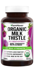 FarmHaven Milk Thistle bottle highlights high potency organic extract for absorption benefits.