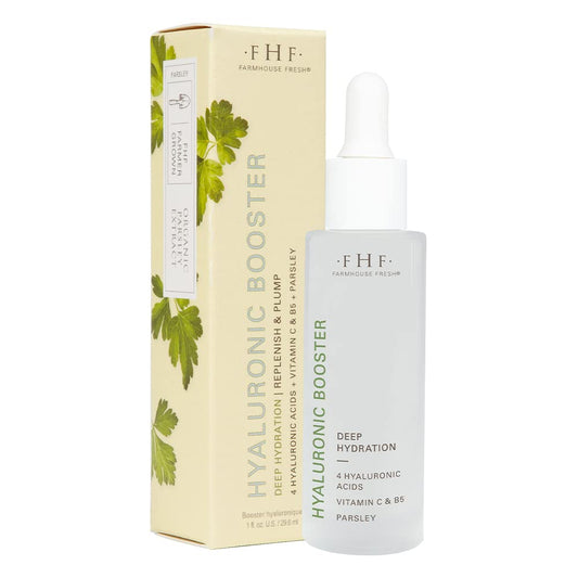 FarmHouse Fresh Hyaluronic Booster bottle close-up showing a hydration-ready glow