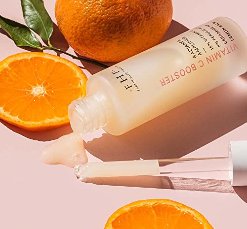 Close-up of FarmHouse Fresh Vitamin C Serum ingredients featuring vitamin C and ferulic acid.