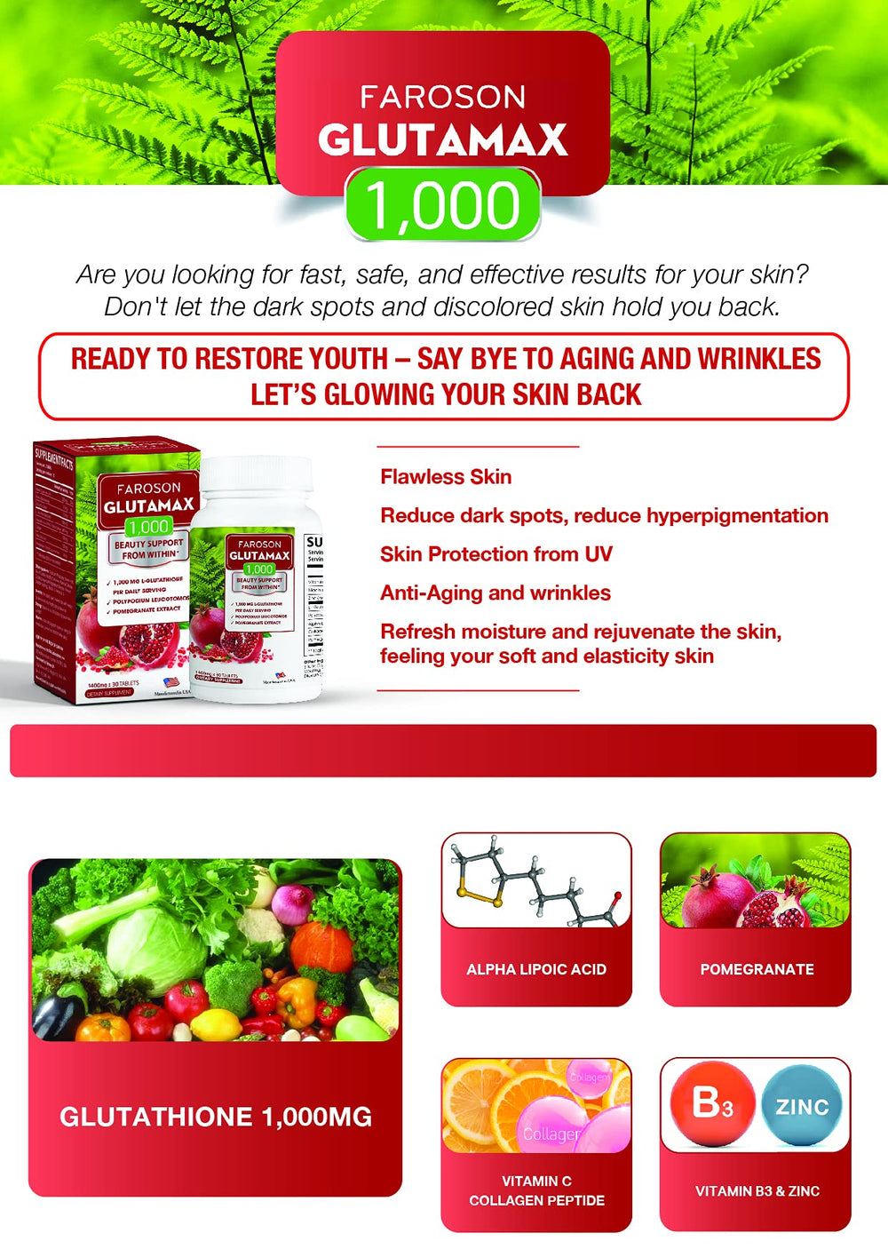 Faroson Glutamax ingredients list close-up highlighting antioxidants.