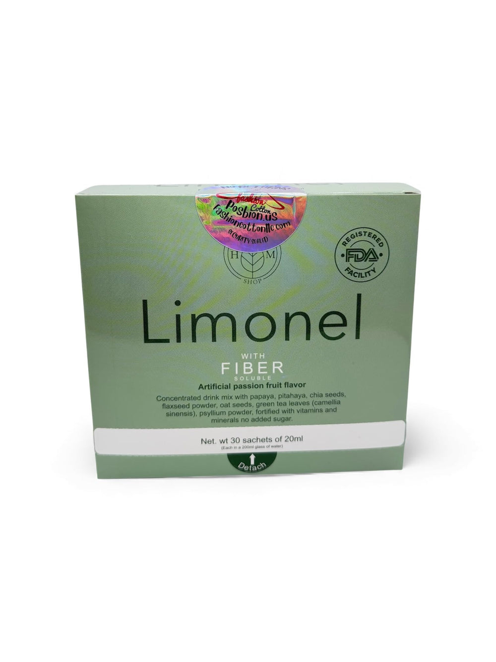FashionCottonLLC Limonel Liquid Fiber bottle highlights chia and flaxseed for gut-friendly fiber.