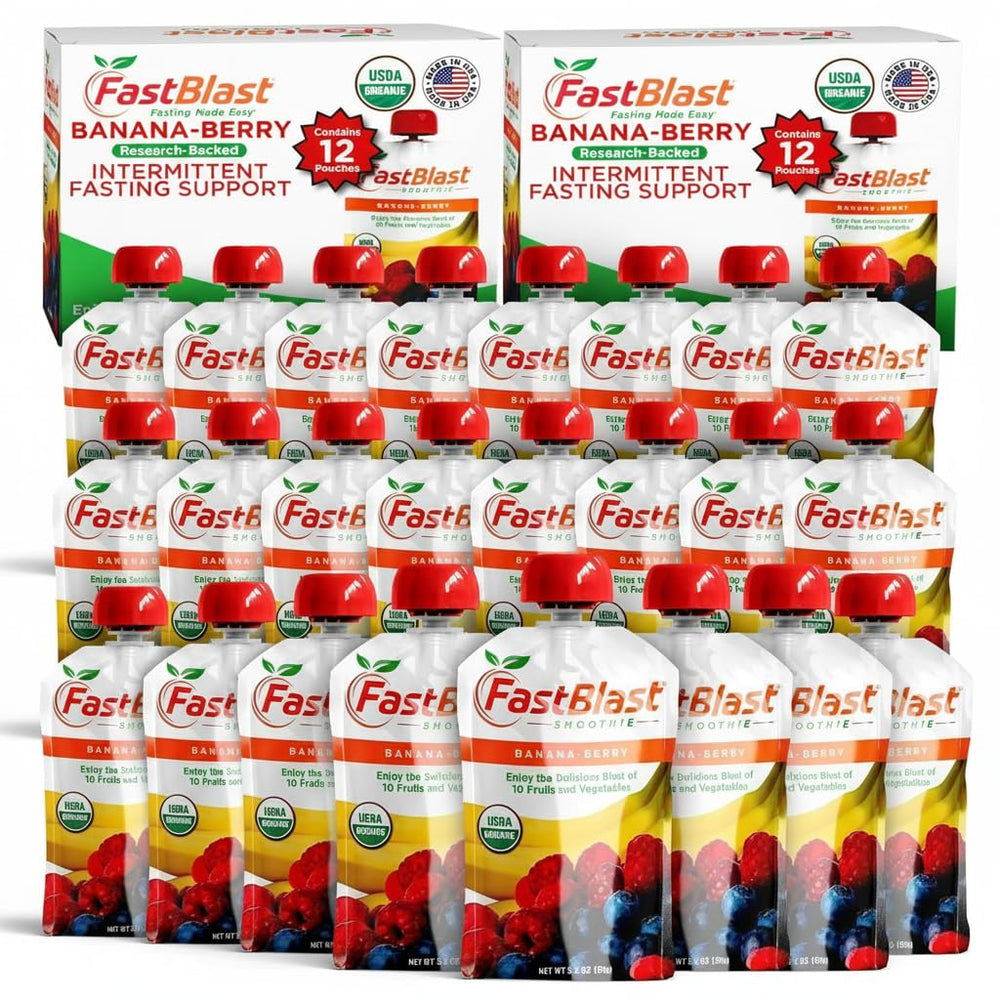FastBlast banana berry smoothie pouch in a 2-pack for quick nutrition on the go.