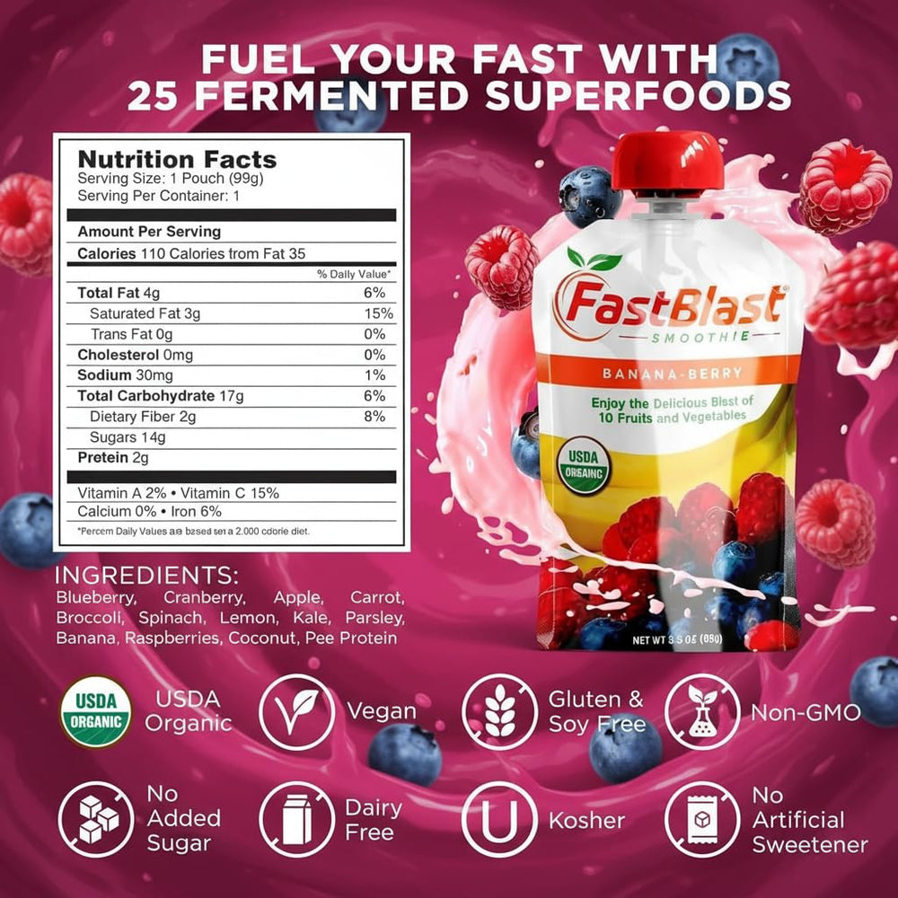 FastBlast banana-berry pouch closeup showing real fruit and texture