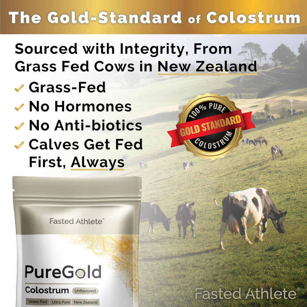Fasted Athlete PureGold powder is being poured to reveal a smooth, unflavored texture.