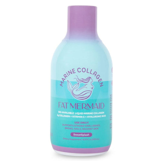 Fat Mermaid bottle front view showcasing bioavailable collagen for daily beauty support.