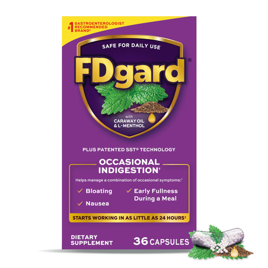 FDgard bottle and packaging shown as a convenient daily gut health companion.