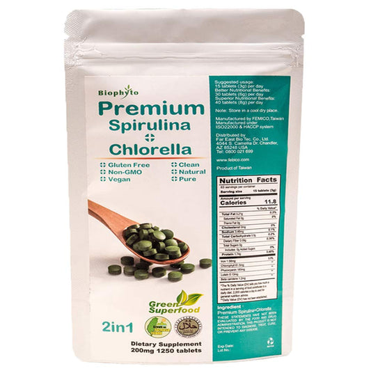 FEBICO Biophyto-Chlorella Spirulina bottle for easy daily energy support.