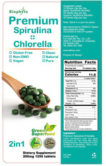 FEBICO Biophyto-Chlorella Spirulina tablets closeup, compact vegan nutrition.