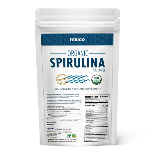 FEBICO Organic Spirulina tablets packaging, premium branding for daily wellness.