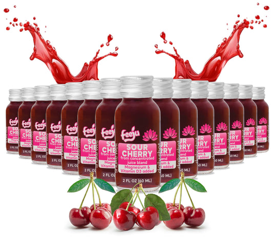 Feeju sour cherry shot bottle being poured for a refreshing post-workout boost.