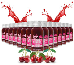 Feeju sour cherry shot bottle being poured for a refreshing post-workout boost.