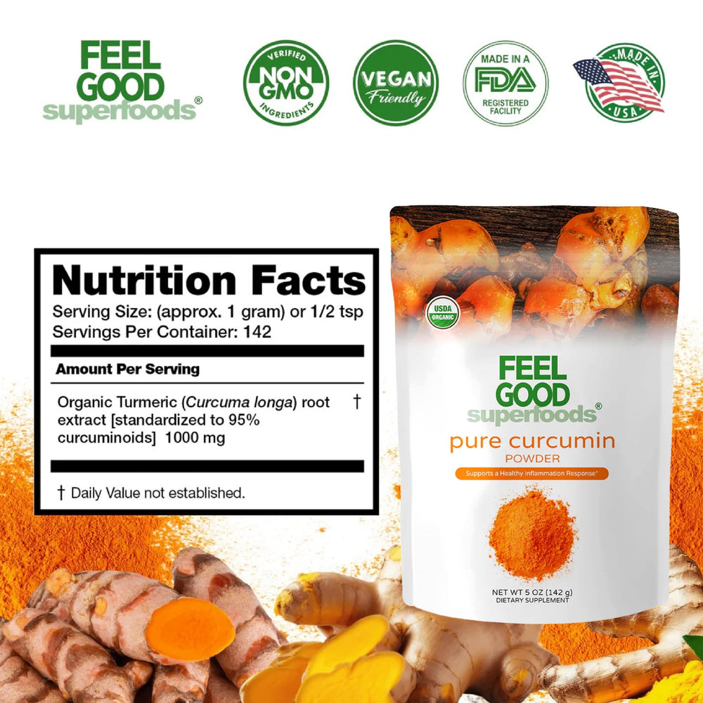 Feel Good Organic Turmeric Root Powder packaging emphasizes purity from Indian farms.