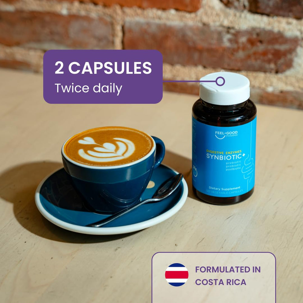 Feel Good Pharma Digestive Enzymes 4-in-1 bottle helps digestion after meals during busy days.