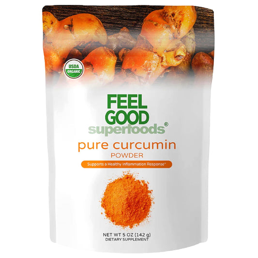 Feel Good Pure Curcumin Powder bottle highlights antioxidant-rich formula.
