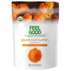 Feel Good Pure Curcumin Powder bottle highlights antioxidant-rich formula.