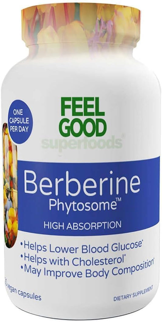 Feel Good Superfoods Berberine Phytosome bottle highlighting potent, bioavailable metabolism support