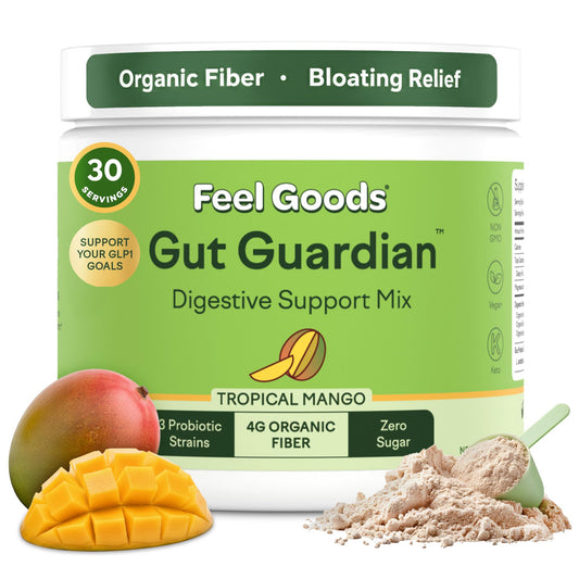Feel Goods Gut Guardian tropical mango powder dissolving in water for gentle digestion.
