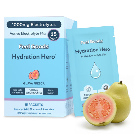 Feel Goods Hydration Hero Guava Fresca packets for on-the-go hydration.