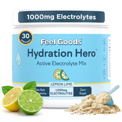 Feel Goods Hydration Hero lemon lime powder in a tub for daily hydration.