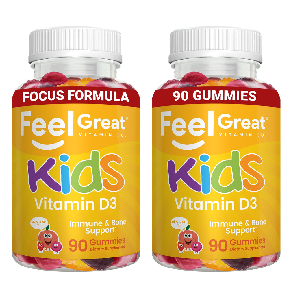 Feel Great Kids D3 gummies bottle with citrus flavor for daily bone health potential.