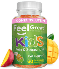 The Feel Great Kids Eyes gummies bottle with mango flavor for daily eye vitamin support.