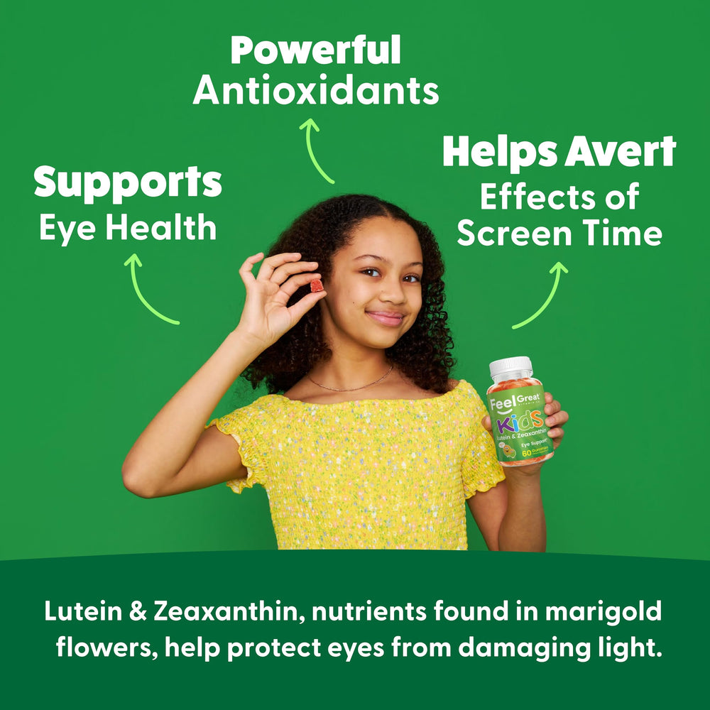 Close-up of Feel Great Kids Eyes gummies with mango flavor for kid-friendly taste.