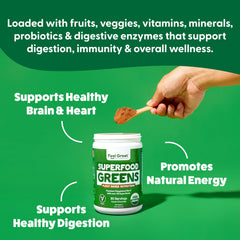 The Feel Great Organic Greens Bottle highlights USDA Organic certification and clean ingredients.