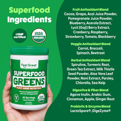 The Feel Great Greens powder dissolving into water demonstrates easy smoothie-ready mixing.