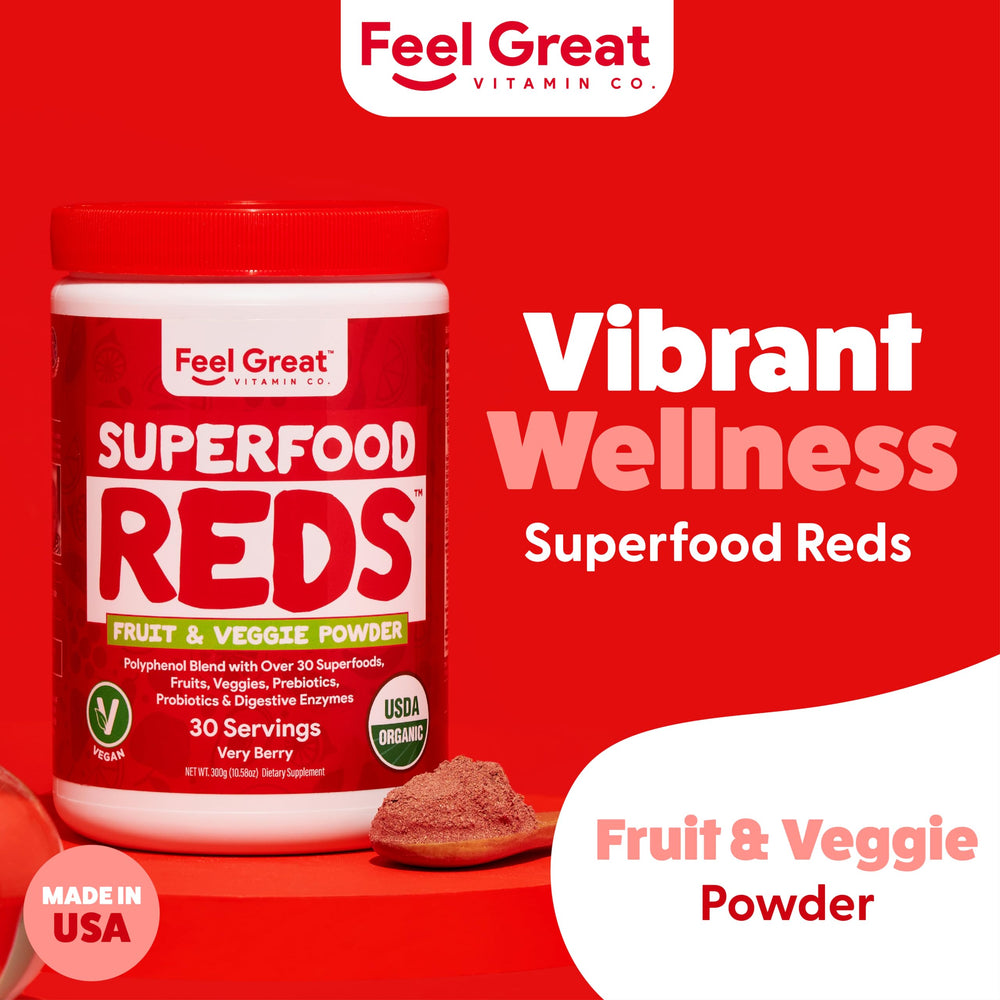 The Feel Great Organic Reds Powder jar label highlights organic ingredients and dairy-free nutrition.