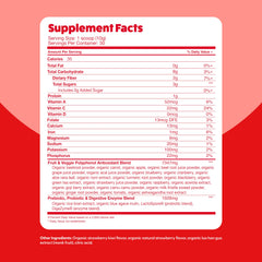 The Feel Great Organic Reds Powder with green smoothie portrays balanced berry-vegetable nutrition.