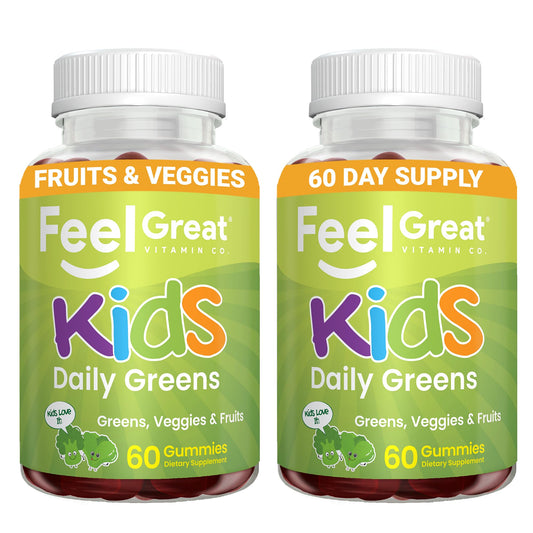 Feel Great Super Green Kids bottle highlights convenient, vegan veggie multivitamin nutrition.