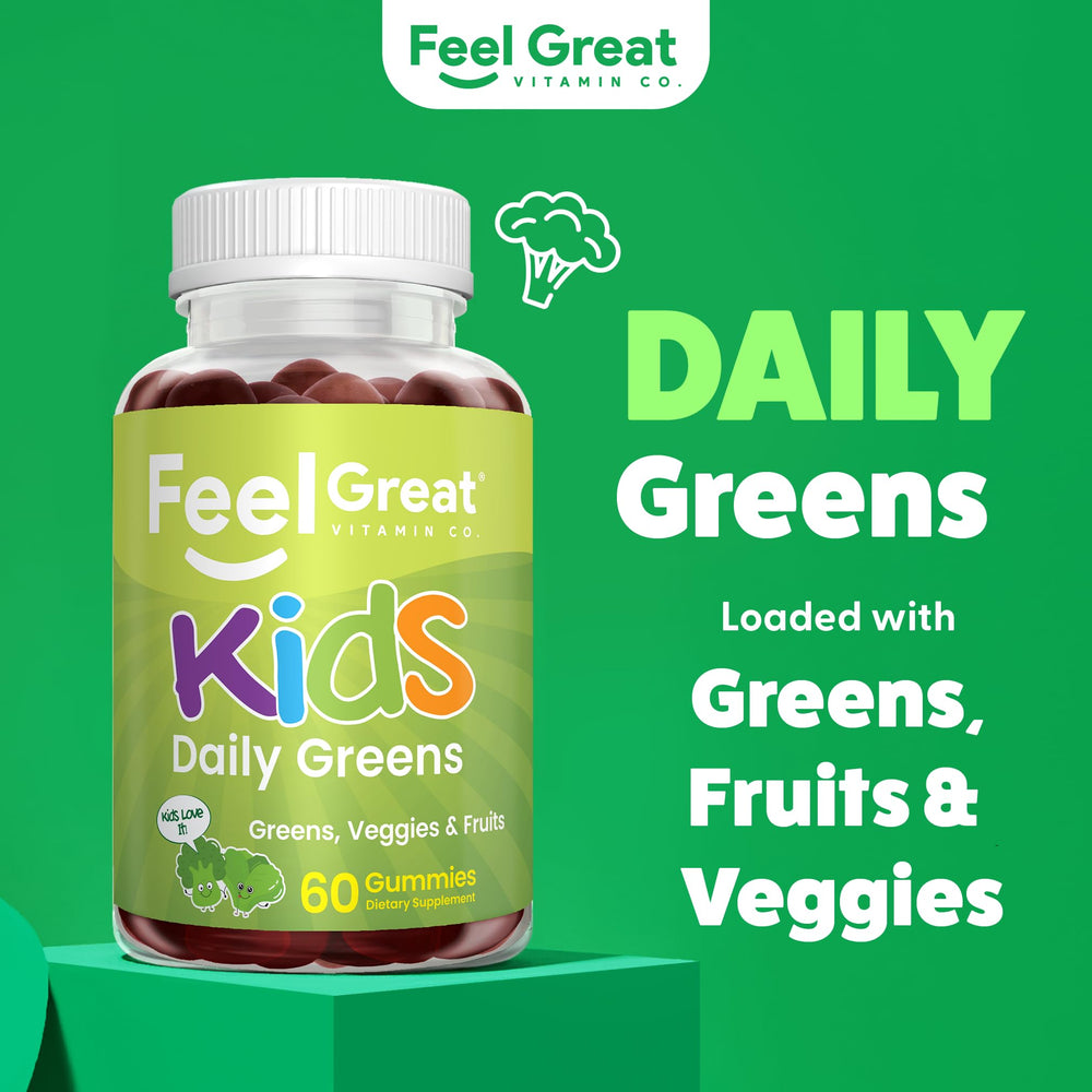 Close-up of Feel Great Super Green gummies emphasizes a tasty, kid-friendly watermelon flavor.