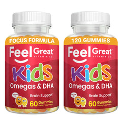 The Feel Great Vitamins Kids DHA Gummies bottle on a table, omega-3 support for focus