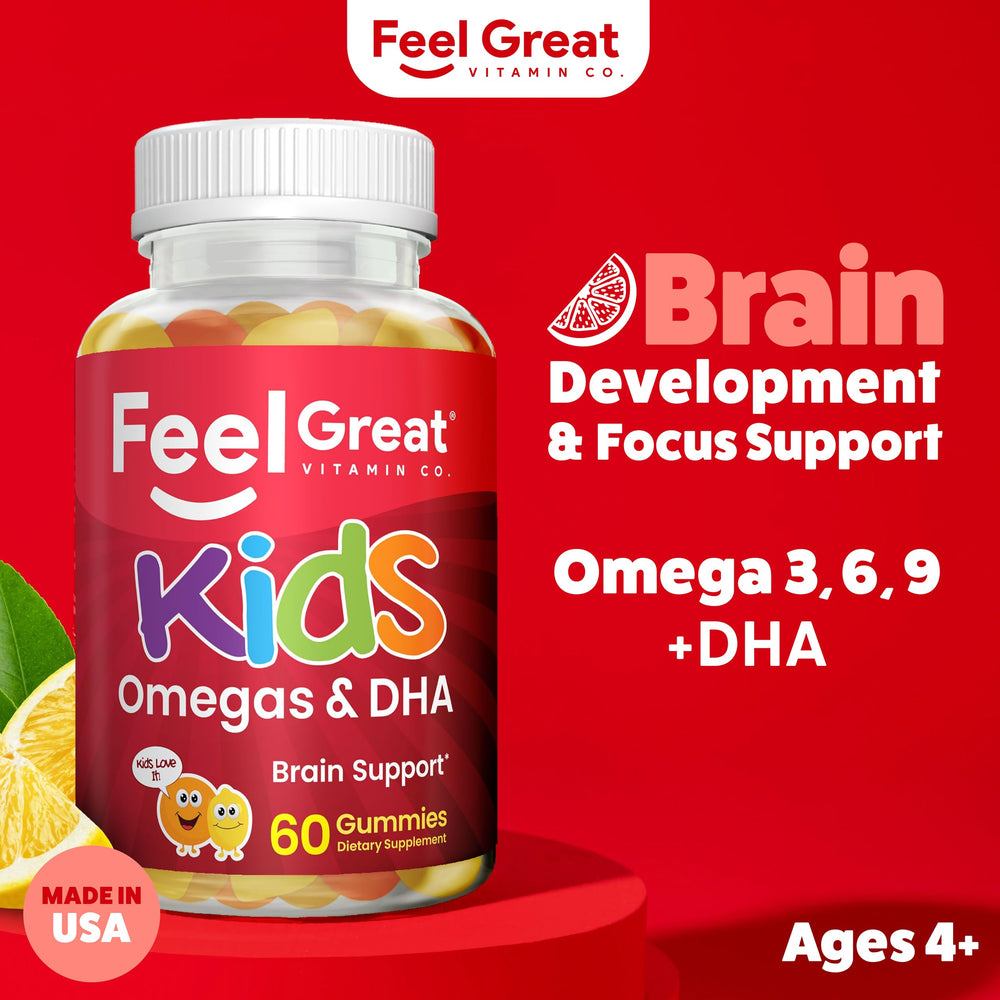 Feel Great Vitamins Kids DHA Gummies close-up, chewy citrus texture and kid-friendly appeal